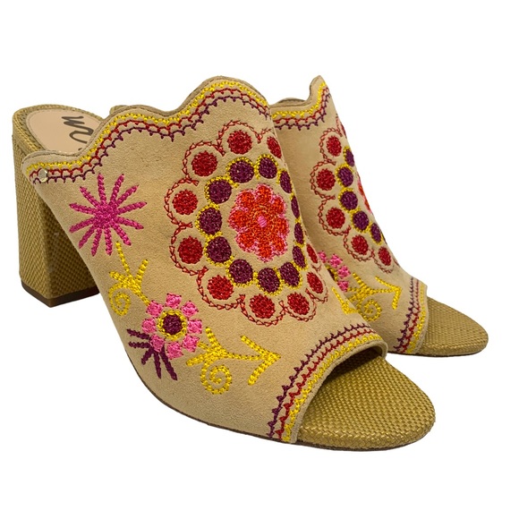 Sam Edelman Beige Boho Embroidered Floral Block Heel Mules Peep Toe “Olive” - Picture 1 of 15